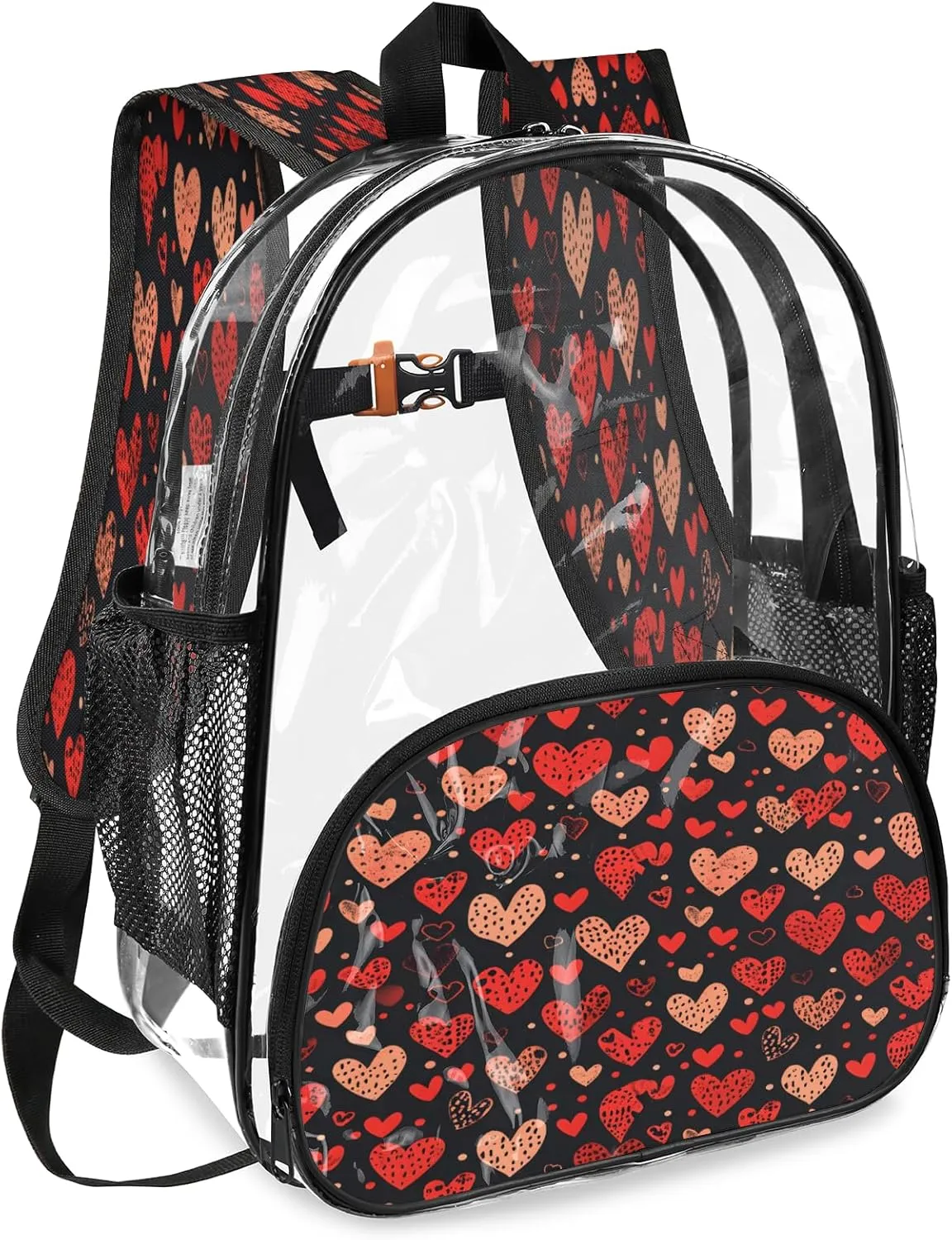 KOBLEN Black Hearts Array 14.2 Inch Clear Backpack, Heavy Duty Transparent PVC Daypack with Adjustable Padded Straps, Large Capacity Clear Bag for Festival, Concerts, Travel