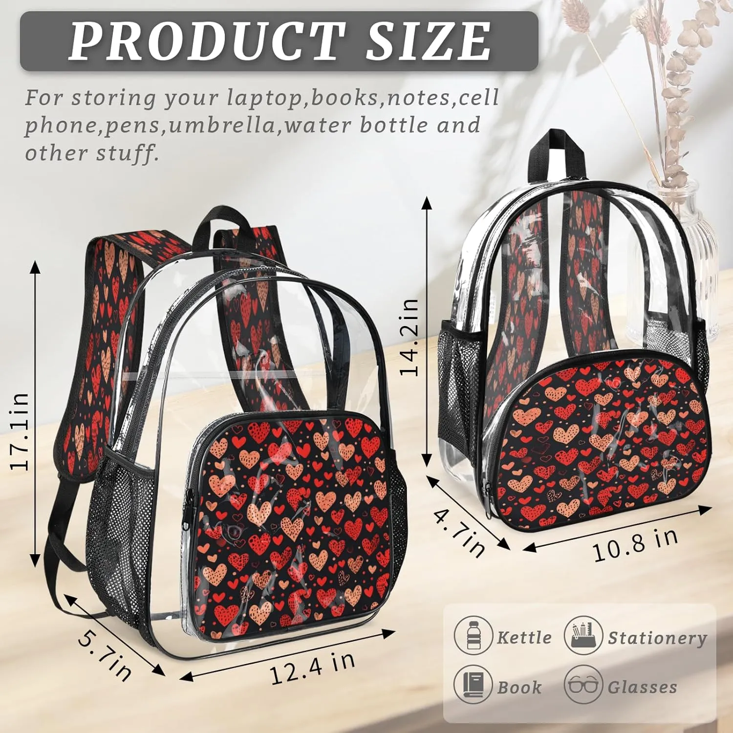 KOBLEN Black Hearts Array 14.2 Inch Clear Backpack, Heavy Duty Transparent PVC Daypack with Adjustable Padded Straps, Large Capacity Clear Bag for Festival, Concerts, Travel