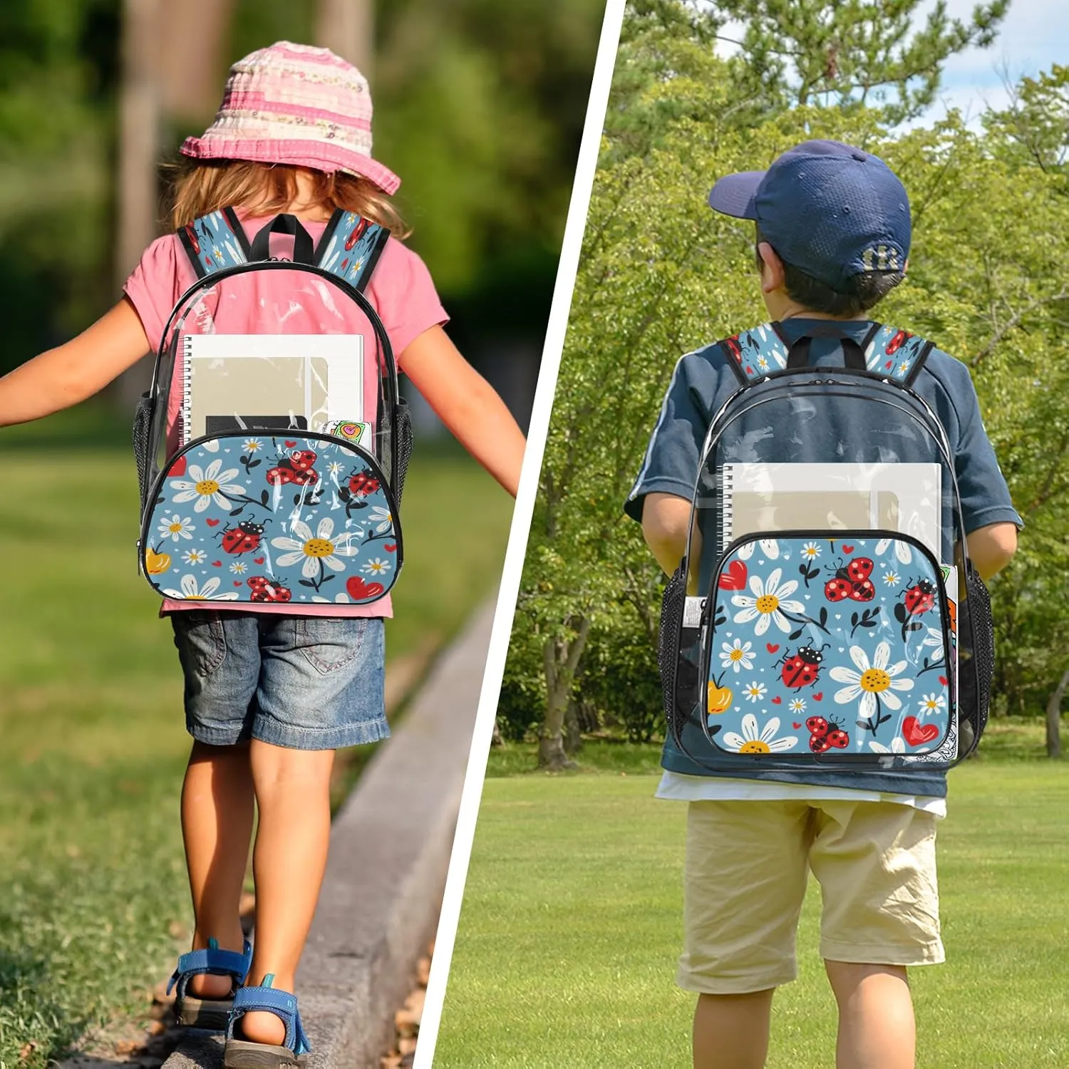 KOBLEN Blue Beetle Floral 14.2 Inch Clear Backpack, Heavy Duty Transparent PVC Daypack with Adjustable Padded Straps, Large Capacity Clear Bag for Festival, Concerts, Travel