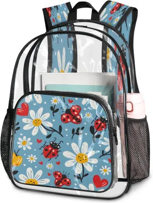KOBLEN Blue Beetle Floral 14.2 Inch Clear Backpack, Heavy Duty Transparent PVC Daypack with Adjustable Padded Straps, Large Capacity Clear Bag for Festival, Concerts, Travel