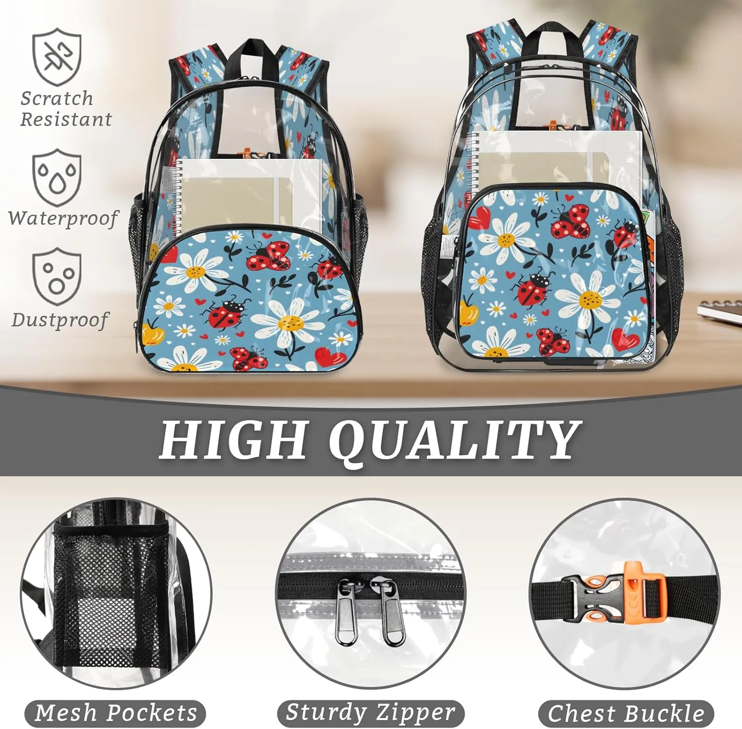 KOBLEN Blue Beetle Floral 14.2 Inch Clear Backpack, Heavy Duty Transparent PVC Daypack with Adjustable Padded Straps, Large Capacity Clear Bag for Festival, Concerts, Travel