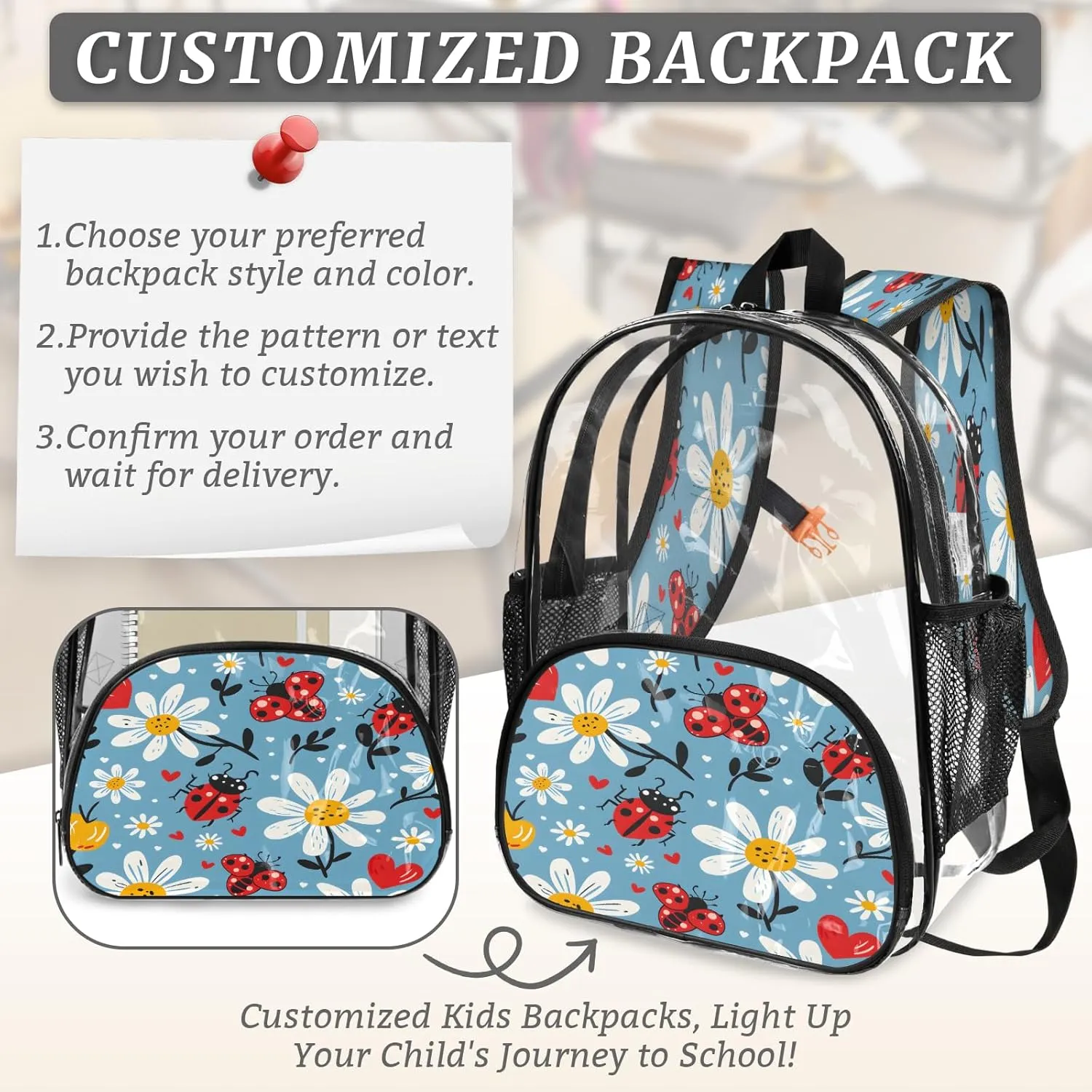 KOBLEN Blue Beetle Floral 14.2 Inch Clear Backpack, Heavy Duty Transparent PVC Daypack with Adjustable Padded Straps, Large Capacity Clear Bag for Festival, Concerts, Travel