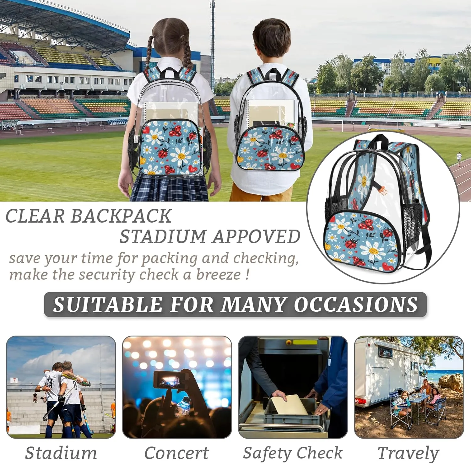 KOBLEN Blue Beetle Floral 14.2 Inch Clear Backpack, Heavy Duty Transparent PVC Daypack with Adjustable Padded Straps, Large Capacity Clear Bag for Festival, Concerts, Travel