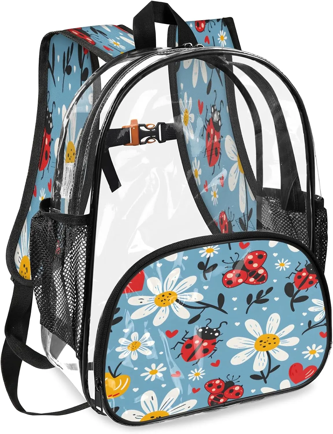KOBLEN Blue Beetle Floral 14.2 Inch Clear Backpack, Heavy Duty Transparent PVC Daypack with Adjustable Padded Straps, Large Capacity Clear Bag for Festival, Concerts, Travel