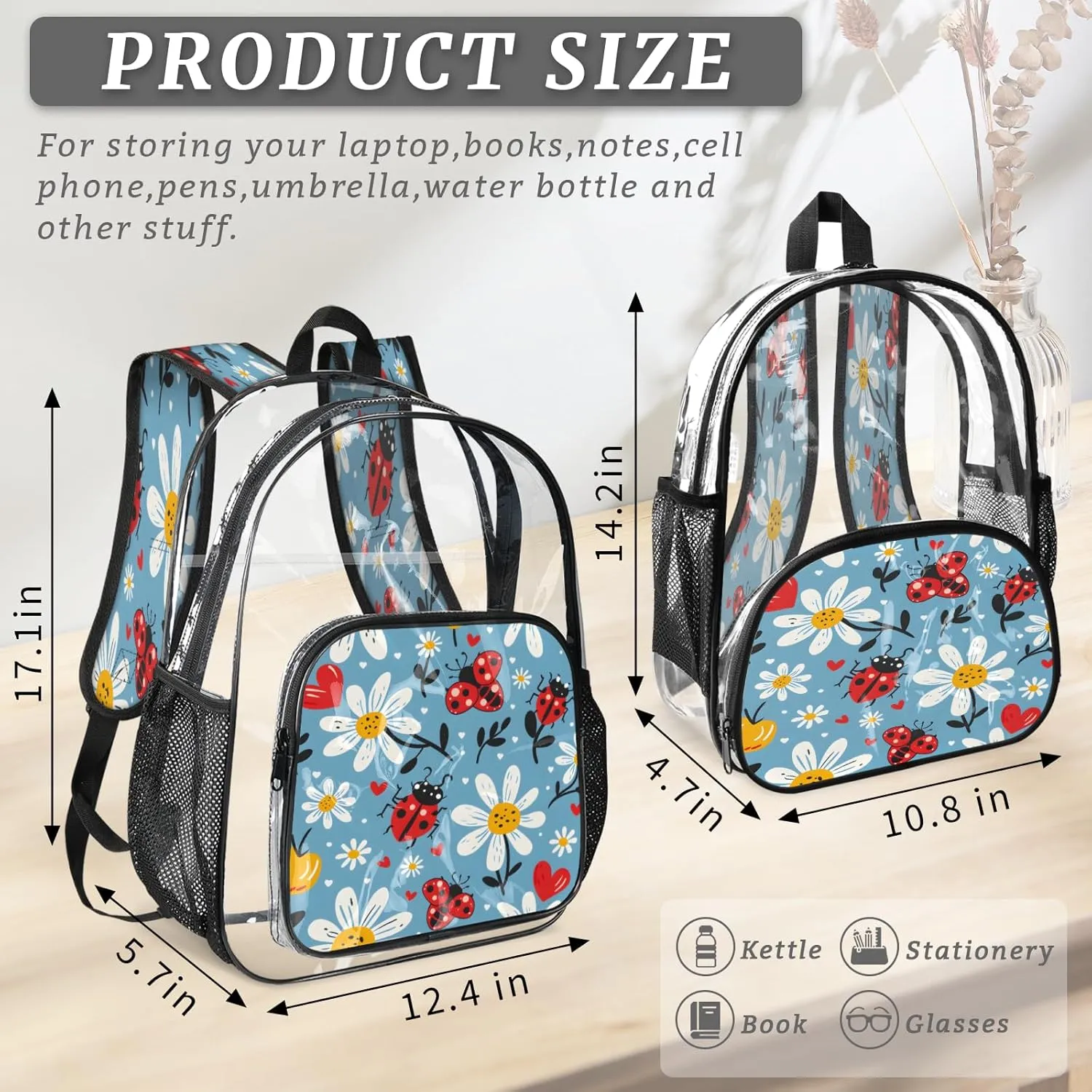 KOBLEN Blue Beetle Floral 14.2 Inch Clear Backpack, Heavy Duty Transparent PVC Daypack with Adjustable Padded Straps, Large Capacity Clear Bag for Festival, Concerts, Travel
