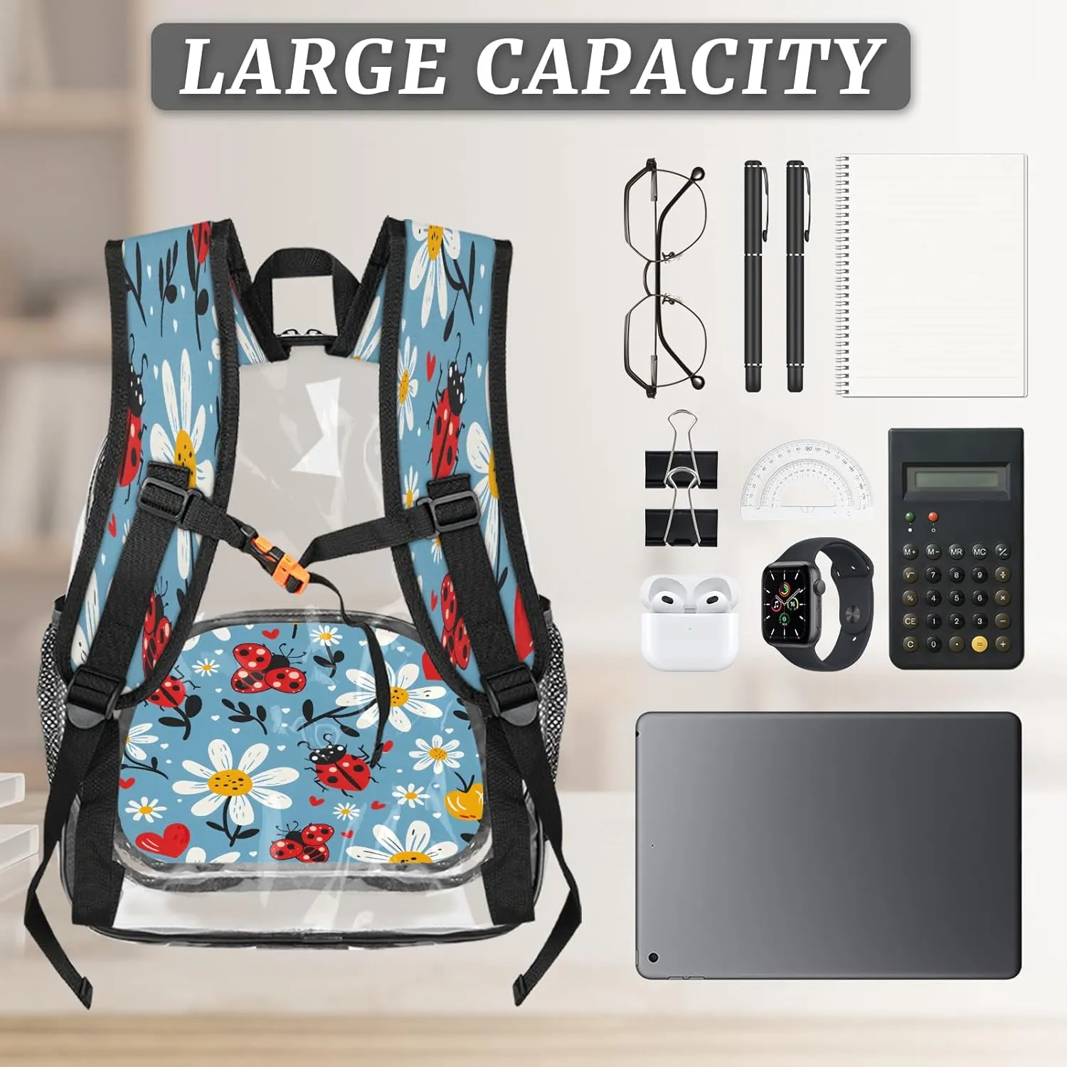 KOBLEN Blue Beetle Floral 14.2 Inch Clear Backpack, Heavy Duty Transparent PVC Daypack with Adjustable Padded Straps, Large Capacity Clear Bag for Festival, Concerts, Travel