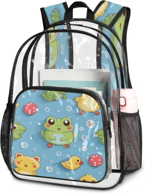KOBLEN Blue Frog Duck Bubbles 17.1 Inch Clear Backpack, Heavy Duty Transparent PVC Daypack with Adjustable Padded Straps, Large Capacity Clear Bag for Festival, Concerts, Travel