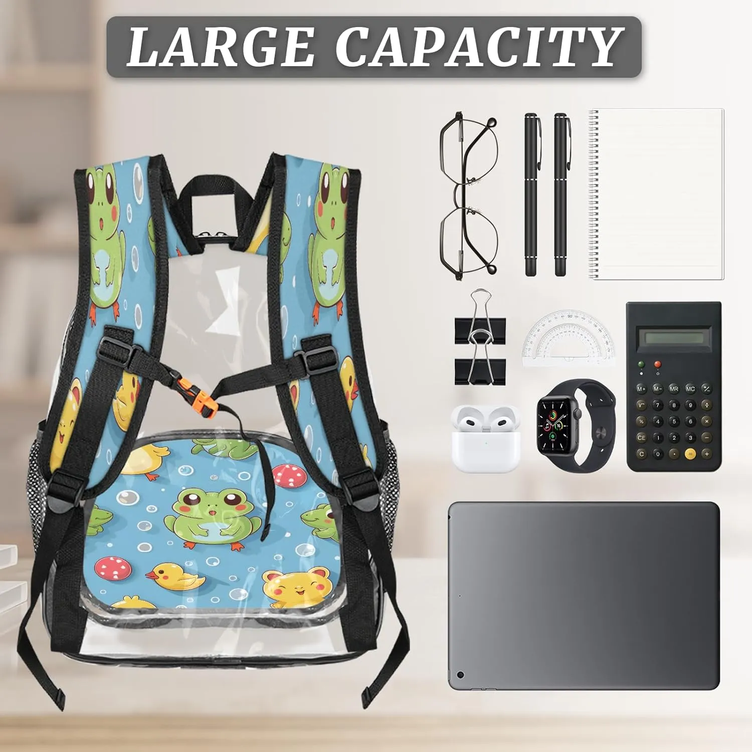 KOBLEN Blue Frog Duck Bubbles 17.1 Inch Clear Backpack, Heavy Duty Transparent PVC Daypack with Adjustable Padded Straps, Large Capacity Clear Bag for Festival, Concerts, Travel