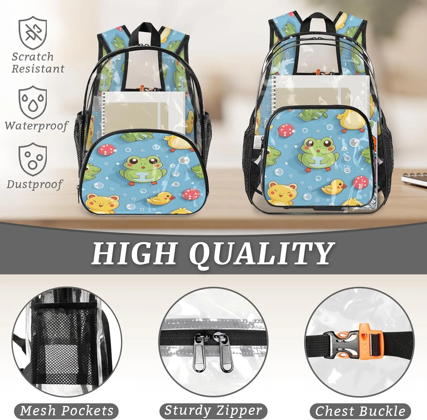 KOBLEN Blue Frog Duck Bubbles 17.1 Inch Clear Backpack, Heavy Duty Transparent PVC Daypack with Adjustable Padded Straps, Large Capacity Clear Bag for Festival, Concerts, Travel