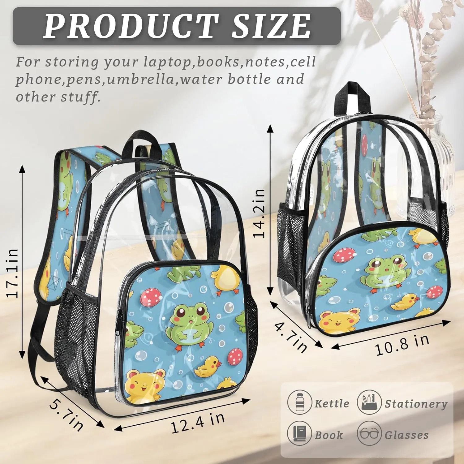 KOBLEN Blue Frog Duck Bubbles 17.1 Inch Clear Backpack, Heavy Duty Transparent PVC Daypack with Adjustable Padded Straps, Large Capacity Clear Bag for Festival, Concerts, Travel