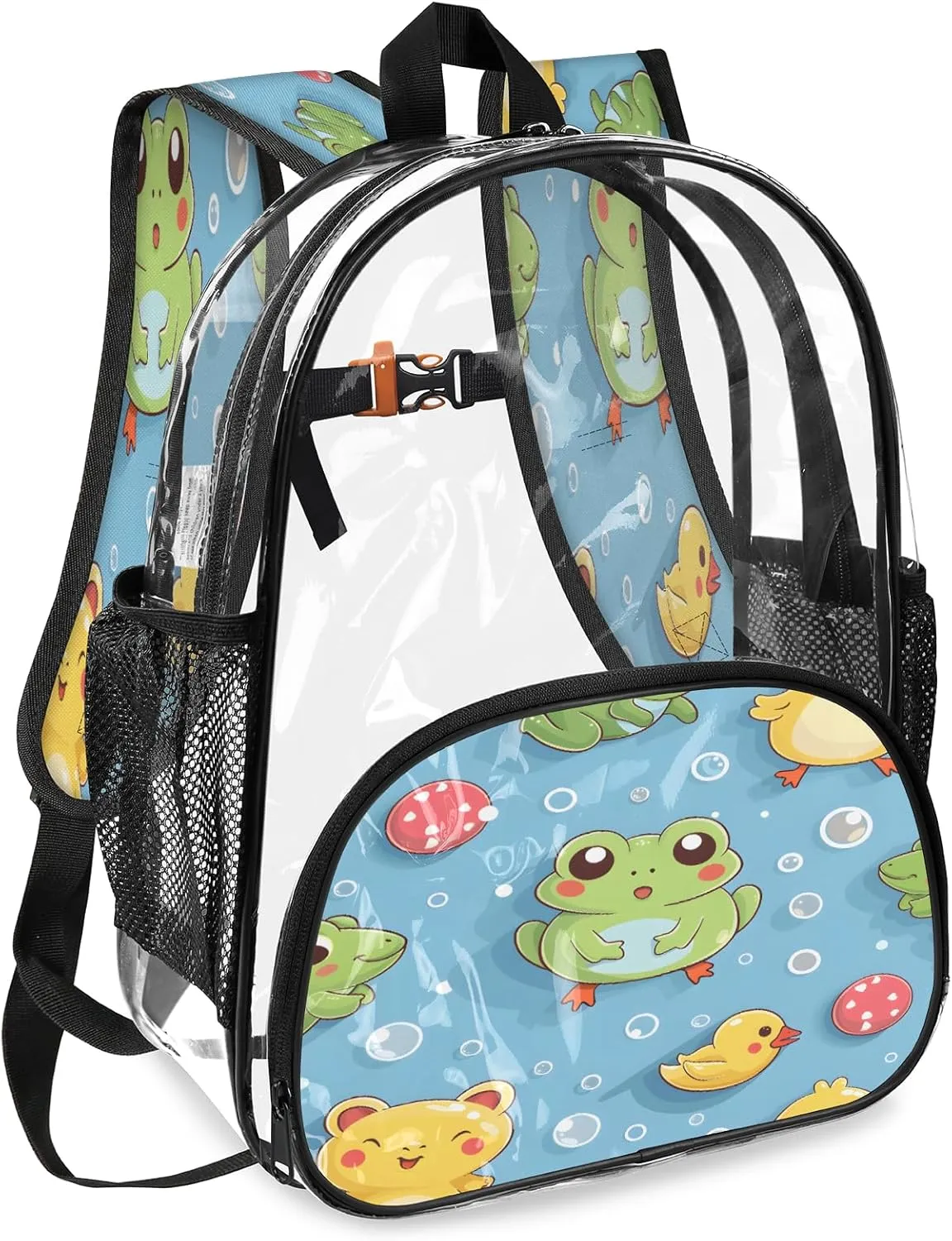 KOBLEN Blue Frog Duck Bubbles 17.1 Inch Clear Backpack, Heavy Duty Transparent PVC Daypack with Adjustable Padded Straps, Large Capacity Clear Bag for Festival, Concerts, Travel