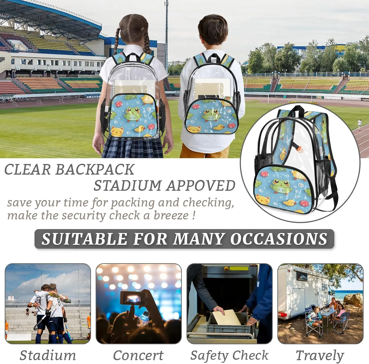 KOBLEN Blue Frog Duck Bubbles 17.1 Inch Clear Backpack, Heavy Duty Transparent PVC Daypack with Adjustable Padded Straps, Large Capacity Clear Bag for Festival, Concerts, Travel