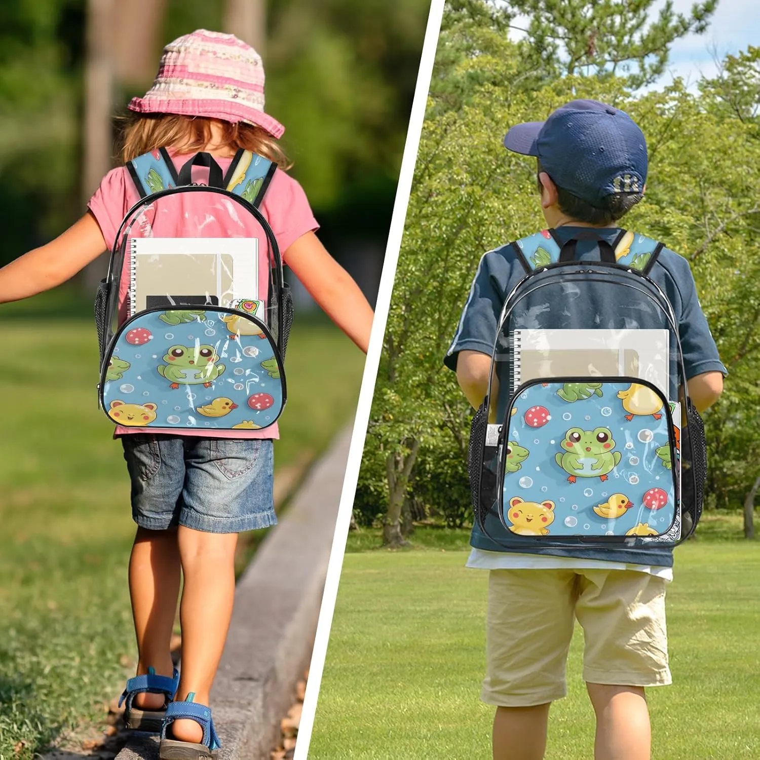 KOBLEN Blue Frog Duck Bubbles 17.1 Inch Clear Backpack, Heavy Duty Transparent PVC Daypack with Adjustable Padded Straps, Large Capacity Clear Bag for Festival, Concerts, Travel
