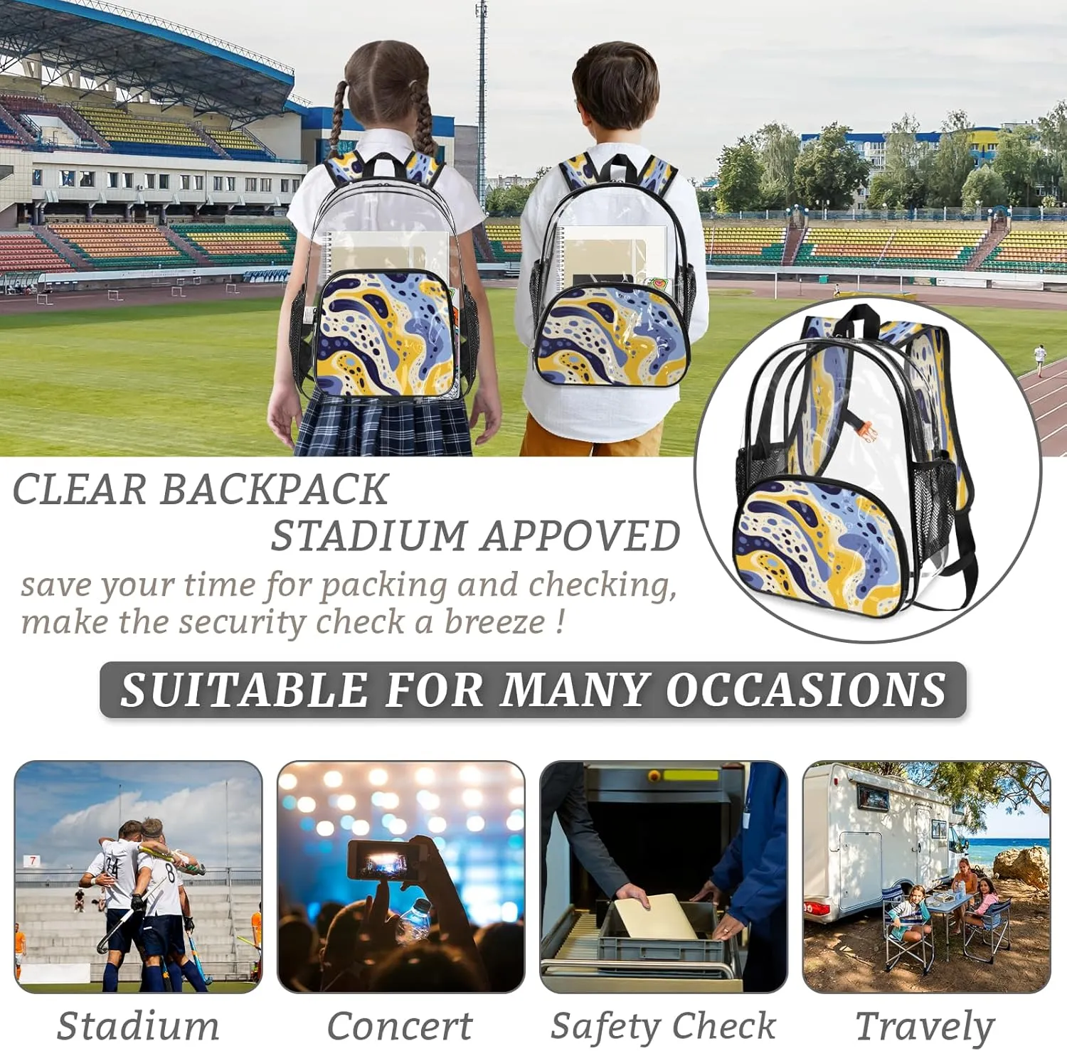 KOBLEN Blue Yellow Waves 17.1 Inch Clear Backpack, Heavy Duty Transparent PVC Daypack with Adjustable Padded Straps, Large Capacity Clear Bag for Festival, Concerts, Travel