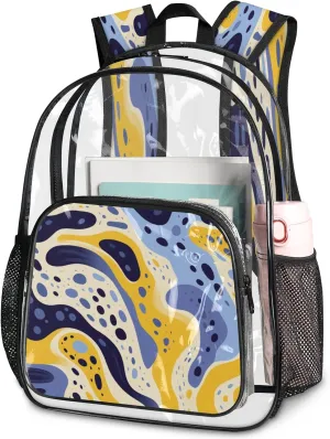 KOBLEN Blue Yellow Waves 17.1 Inch Clear Backpack, Heavy Duty Transparent PVC Daypack with Adjustable Padded Straps, Large Capacity Clear Bag for Festival, Concerts, Travel