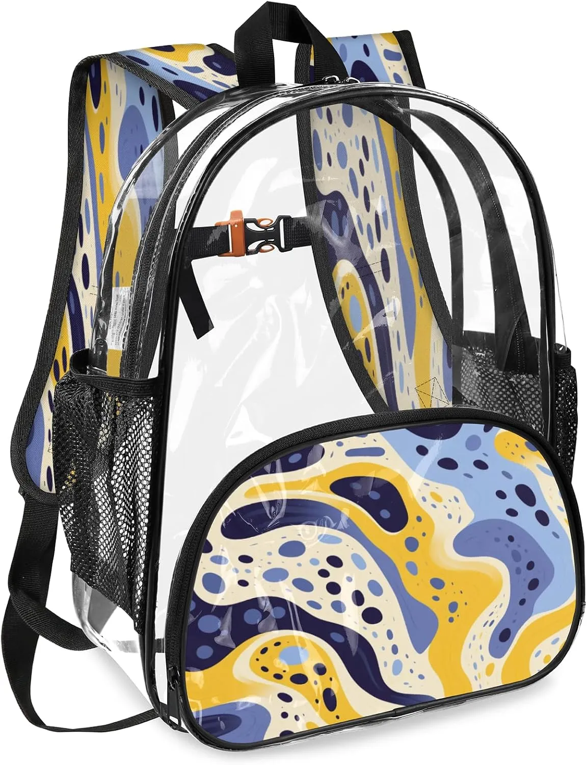 KOBLEN Blue Yellow Waves 17.1 Inch Clear Backpack, Heavy Duty Transparent PVC Daypack with Adjustable Padded Straps, Large Capacity Clear Bag for Festival, Concerts, Travel
