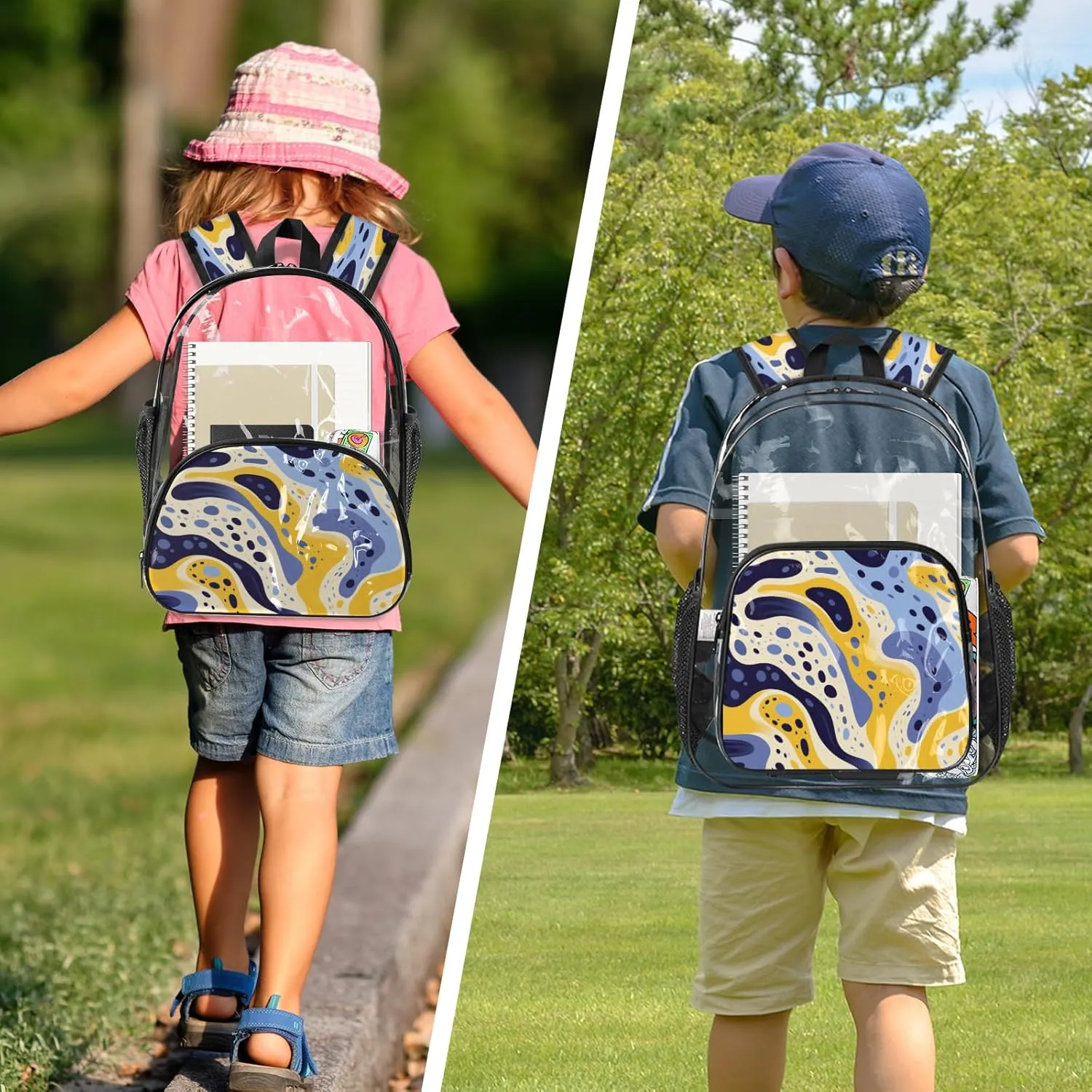KOBLEN Blue Yellow Waves 17.1 Inch Clear Backpack, Heavy Duty Transparent PVC Daypack with Adjustable Padded Straps, Large Capacity Clear Bag for Festival, Concerts, Travel