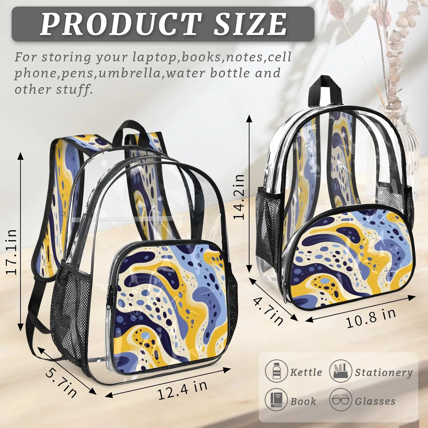 KOBLEN Blue Yellow Waves 17.1 Inch Clear Backpack, Heavy Duty Transparent PVC Daypack with Adjustable Padded Straps, Large Capacity Clear Bag for Festival, Concerts, Travel