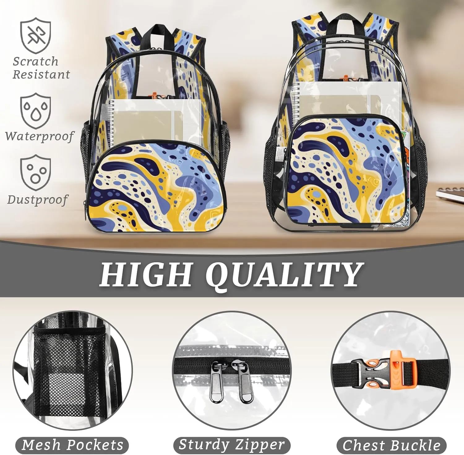 KOBLEN Blue Yellow Waves 17.1 Inch Clear Backpack, Heavy Duty Transparent PVC Daypack with Adjustable Padded Straps, Large Capacity Clear Bag for Festival, Concerts, Travel