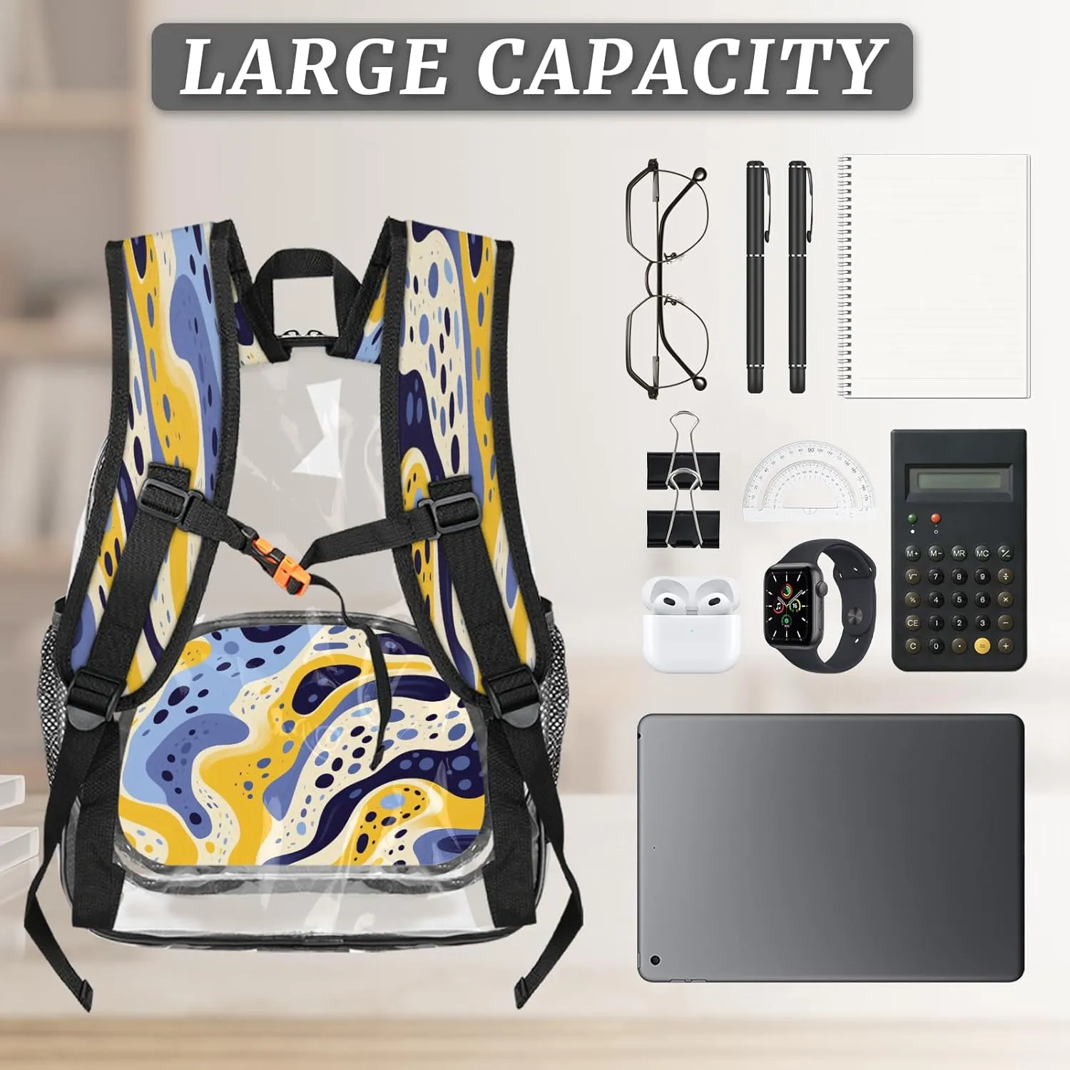 KOBLEN Blue Yellow Waves 17.1 Inch Clear Backpack, Heavy Duty Transparent PVC Daypack with Adjustable Padded Straps, Large Capacity Clear Bag for Festival, Concerts, Travel