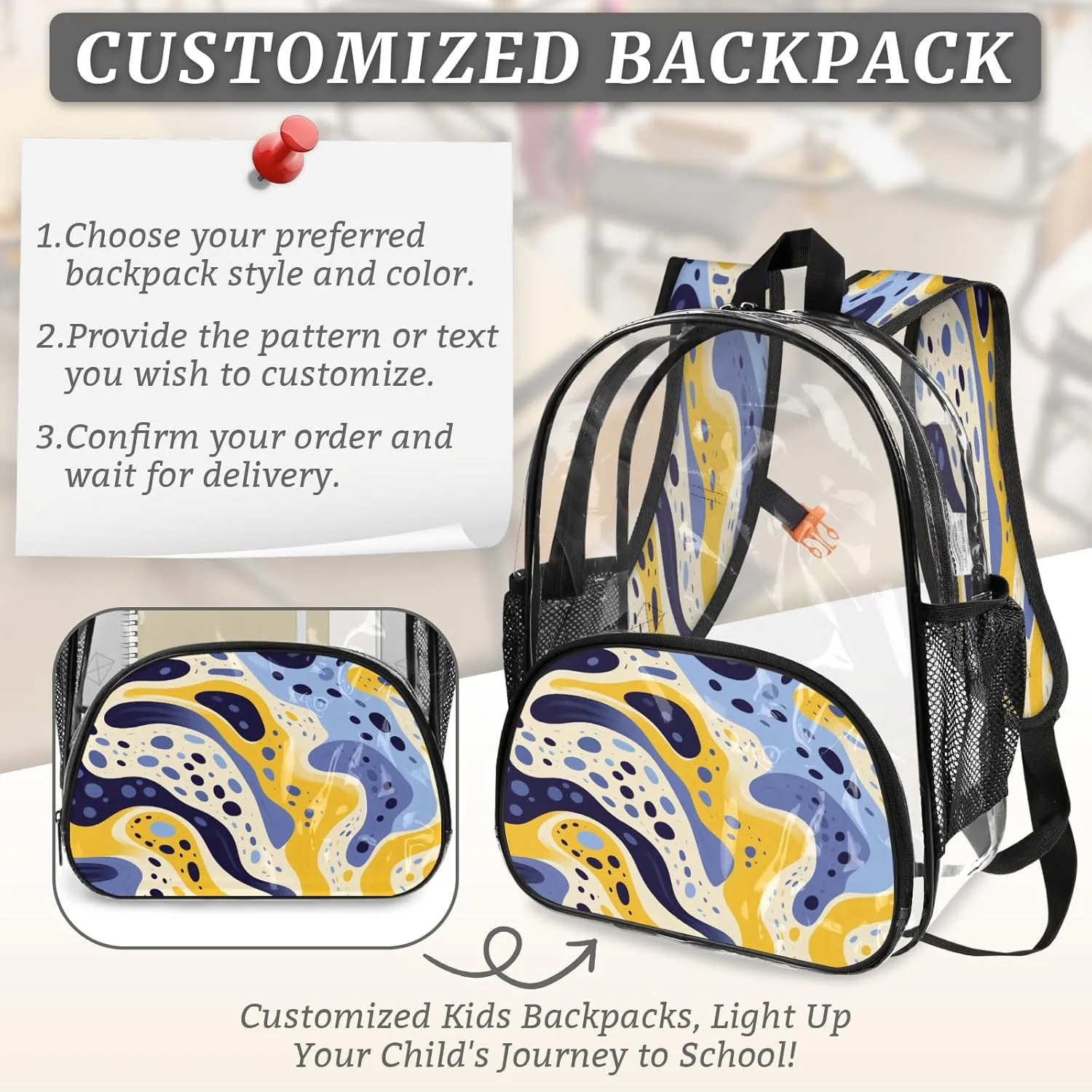 KOBLEN Blue Yellow Waves 17.1 Inch Clear Backpack, Heavy Duty Transparent PVC Daypack with Adjustable Padded Straps, Large Capacity Clear Bag for Festival, Concerts, Travel