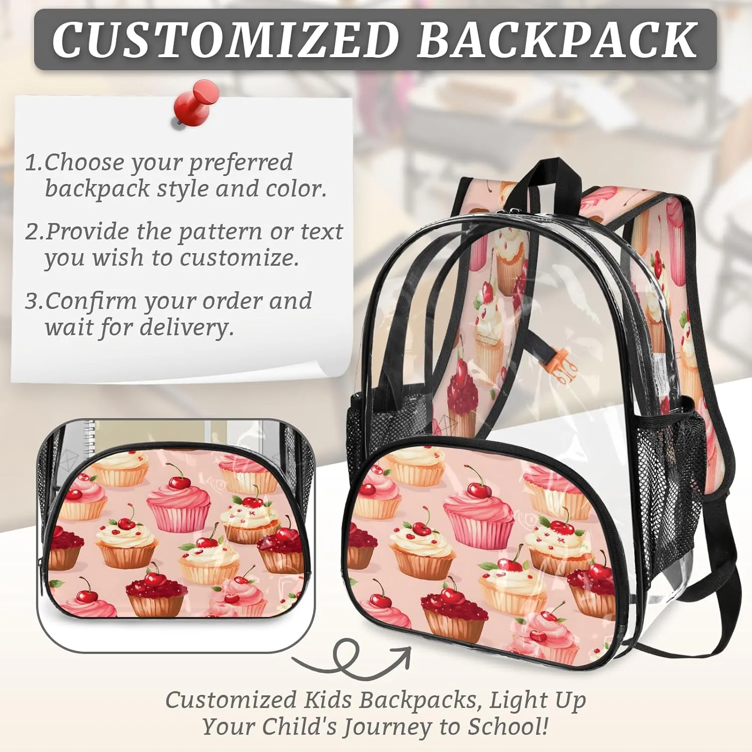 KOBLEN Cherry Cupcake Bliss 17.1 Inch Clear Backpack, Heavy Duty Transparent PVC Daypack with Adjustable Padded Straps, Large Capacity Clear Bag for Festival, Concerts, Travel