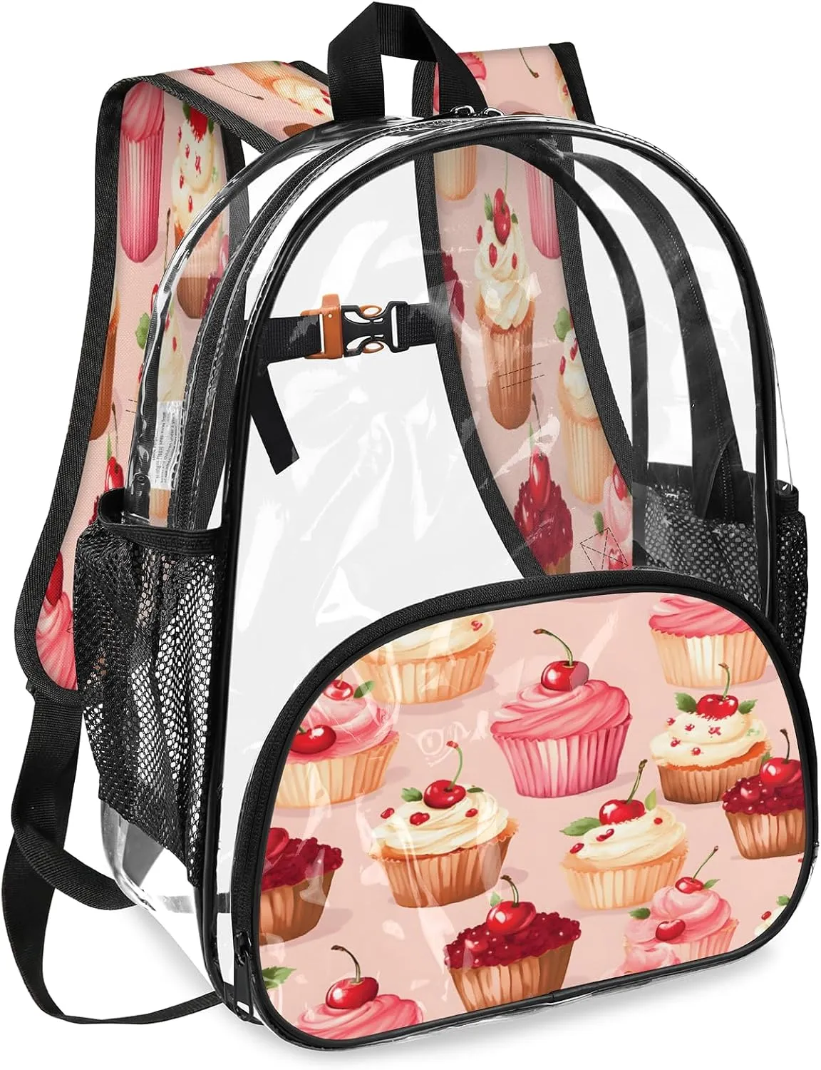 KOBLEN Cherry Cupcake Bliss 17.1 Inch Clear Backpack, Heavy Duty Transparent PVC Daypack with Adjustable Padded Straps, Large Capacity Clear Bag for Festival, Concerts, Travel