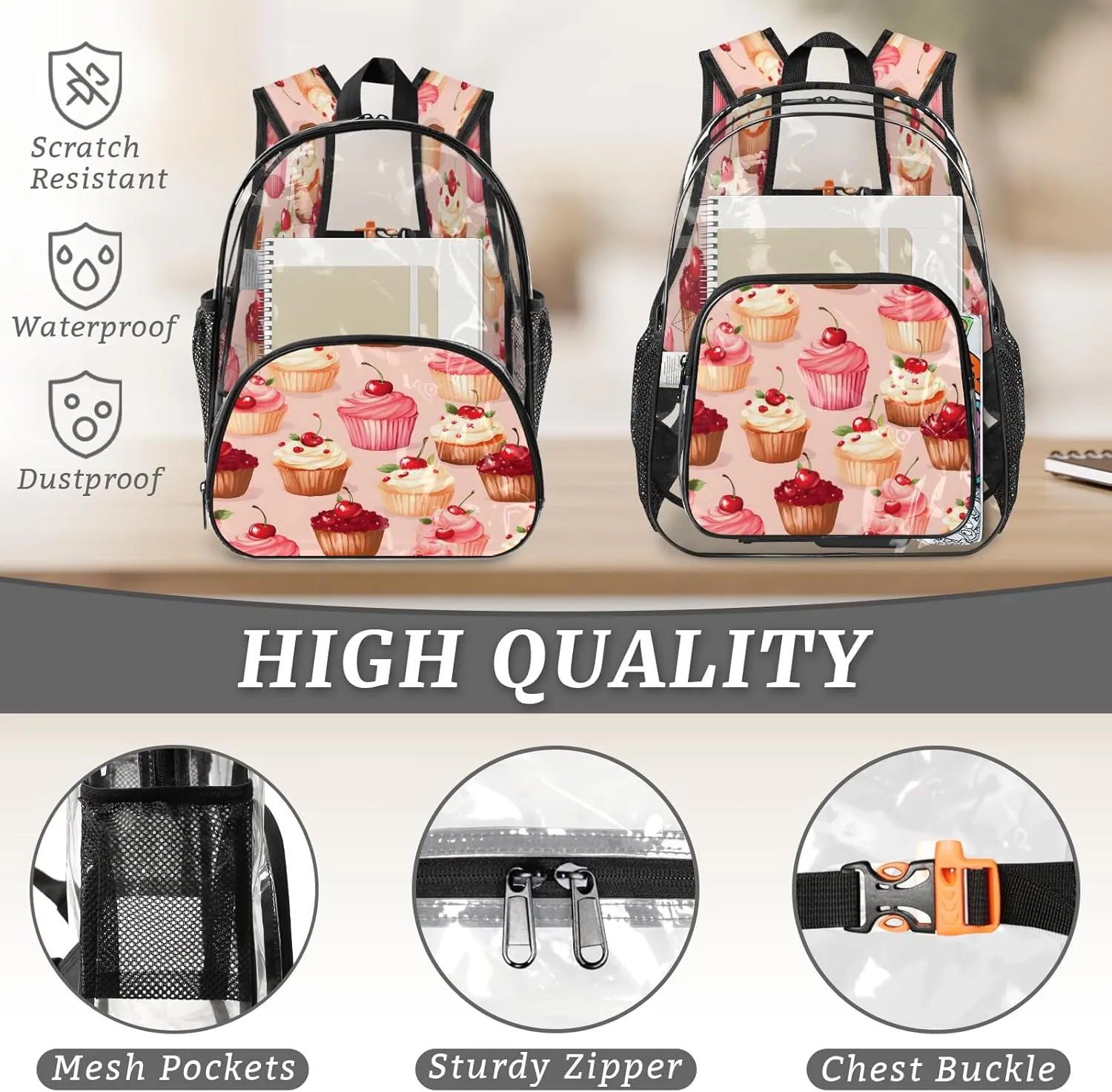 KOBLEN Cherry Cupcake Bliss 17.1 Inch Clear Backpack, Heavy Duty Transparent PVC Daypack with Adjustable Padded Straps, Large Capacity Clear Bag for Festival, Concerts, Travel