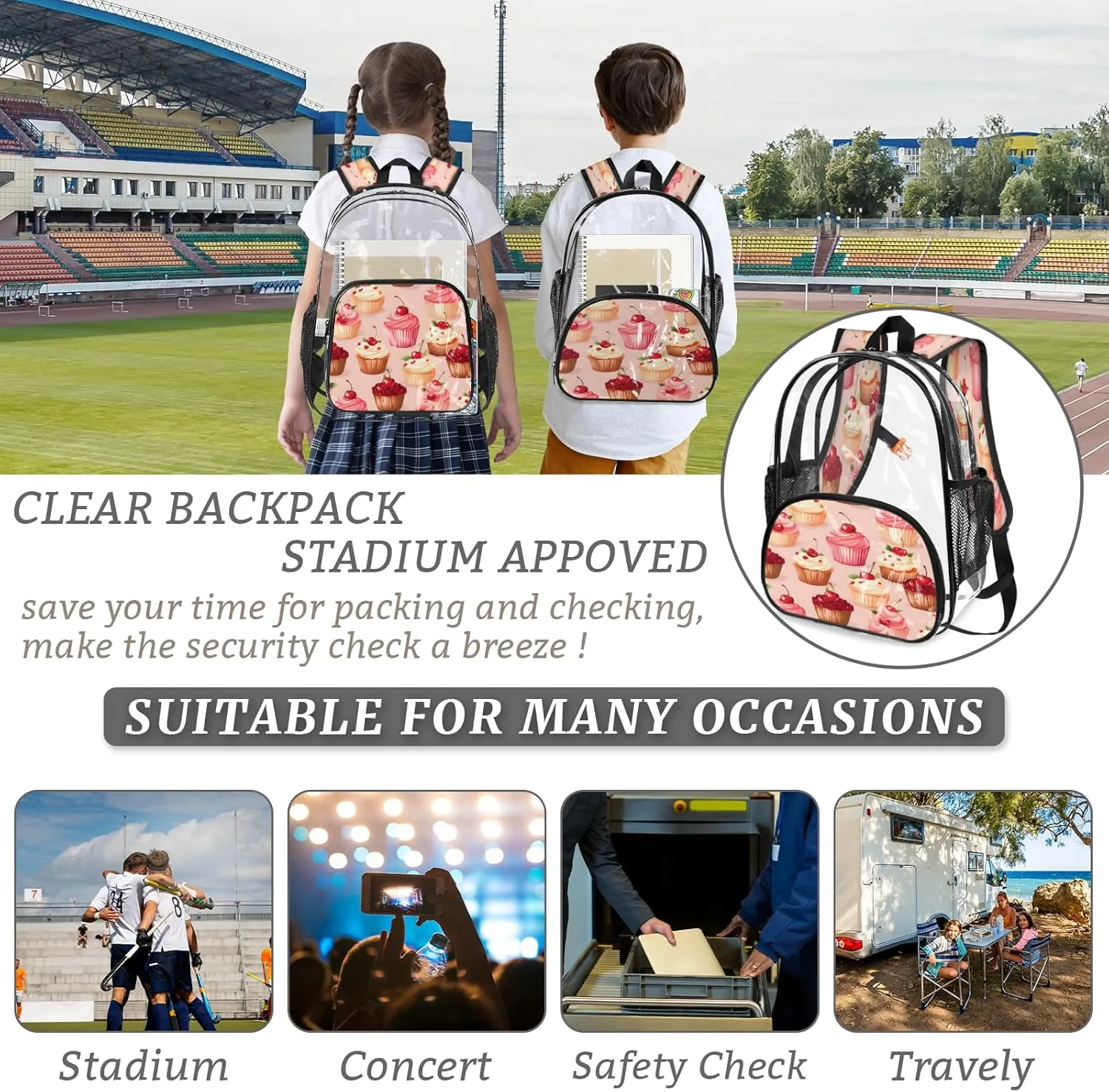 KOBLEN Cherry Cupcake Bliss 17.1 Inch Clear Backpack, Heavy Duty Transparent PVC Daypack with Adjustable Padded Straps, Large Capacity Clear Bag for Festival, Concerts, Travel