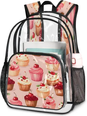 KOBLEN Cherry Cupcake Bliss 17.1 Inch Clear Backpack, Heavy Duty Transparent PVC Daypack with Adjustable Padded Straps, Large Capacity Clear Bag for Festival, Concerts, Travel