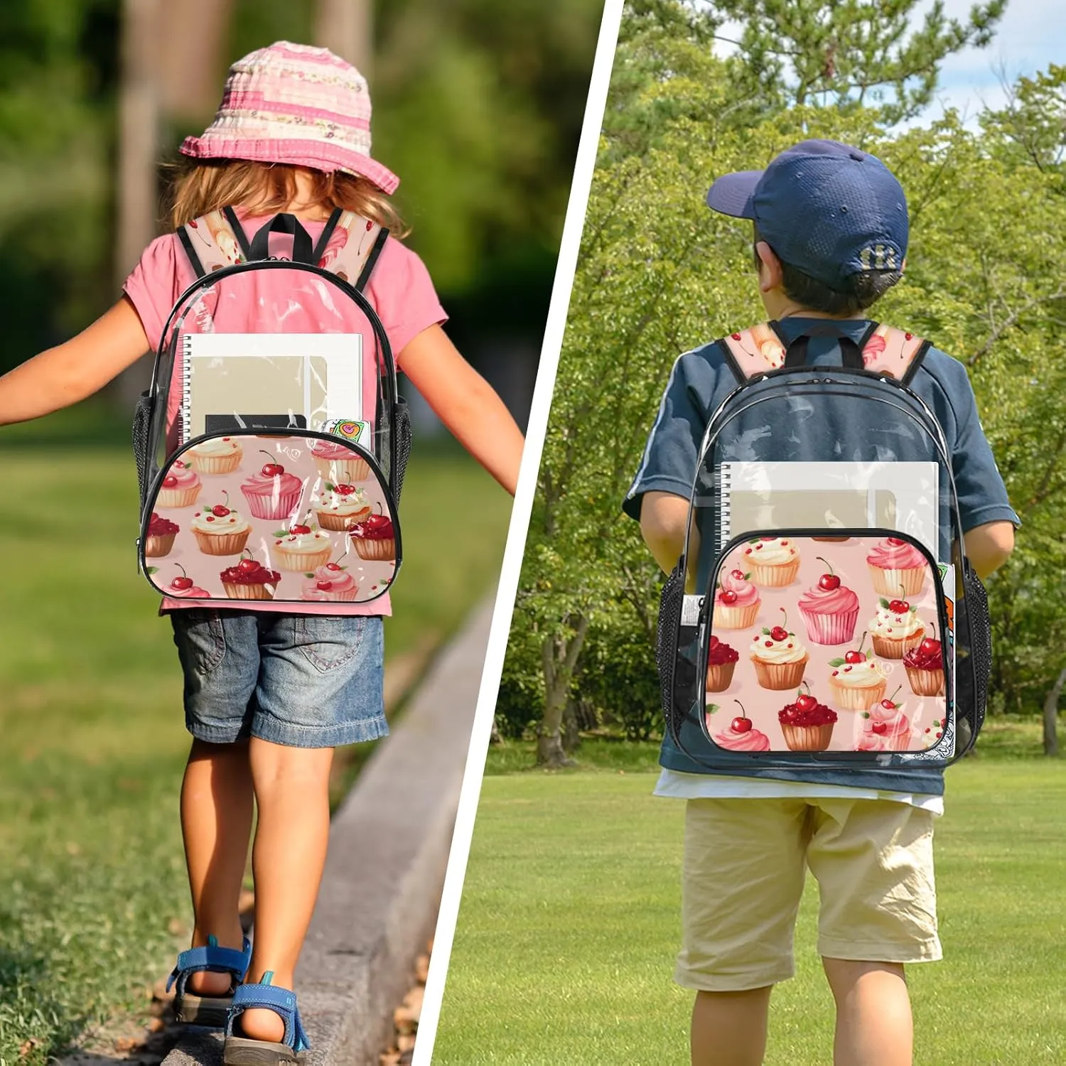 KOBLEN Cherry Cupcake Bliss 17.1 Inch Clear Backpack, Heavy Duty Transparent PVC Daypack with Adjustable Padded Straps, Large Capacity Clear Bag for Festival, Concerts, Travel