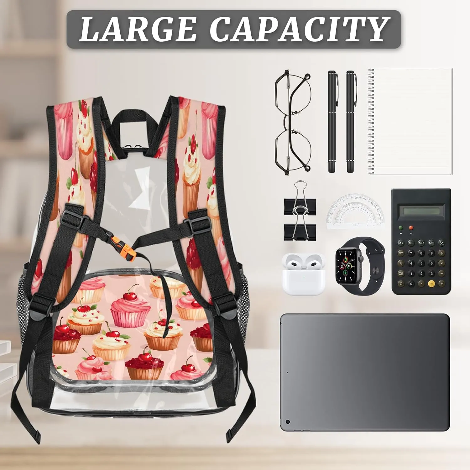 KOBLEN Cherry Cupcake Bliss 17.1 Inch Clear Backpack, Heavy Duty Transparent PVC Daypack with Adjustable Padded Straps, Large Capacity Clear Bag for Festival, Concerts, Travel