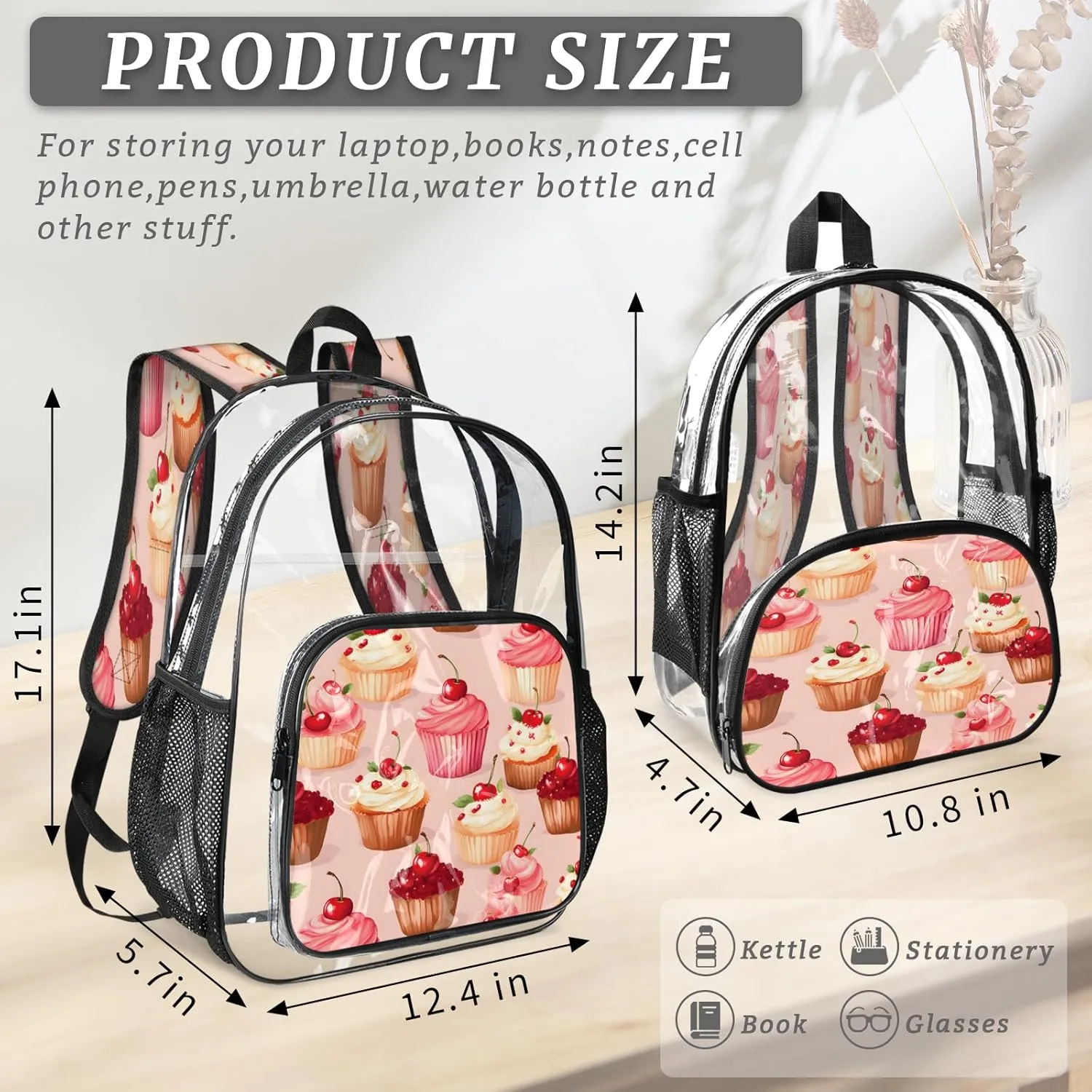KOBLEN Cherry Cupcake Bliss 17.1 Inch Clear Backpack, Heavy Duty Transparent PVC Daypack with Adjustable Padded Straps, Large Capacity Clear Bag for Festival, Concerts, Travel