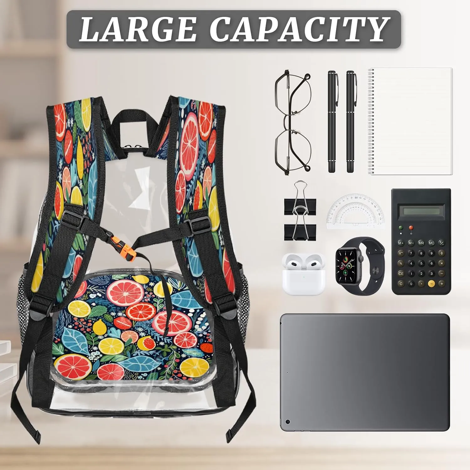 KOBLEN Citrus Symphony 17.1 Inch Clear Backpack, Heavy Duty Transparent PVC Daypack with Adjustable Padded Straps, Large Capacity Clear Bag for Festival, Concerts, Travel