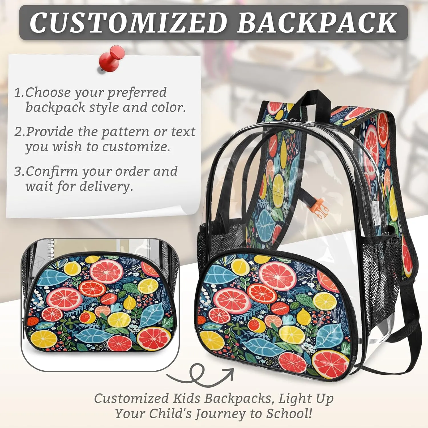 KOBLEN Citrus Symphony 17.1 Inch Clear Backpack, Heavy Duty Transparent PVC Daypack with Adjustable Padded Straps, Large Capacity Clear Bag for Festival, Concerts, Travel