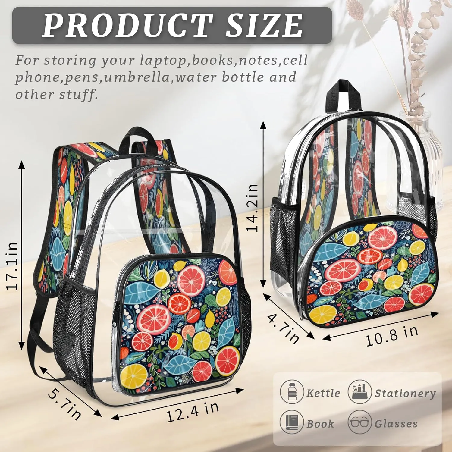 KOBLEN Citrus Symphony 17.1 Inch Clear Backpack, Heavy Duty Transparent PVC Daypack with Adjustable Padded Straps, Large Capacity Clear Bag for Festival, Concerts, Travel
