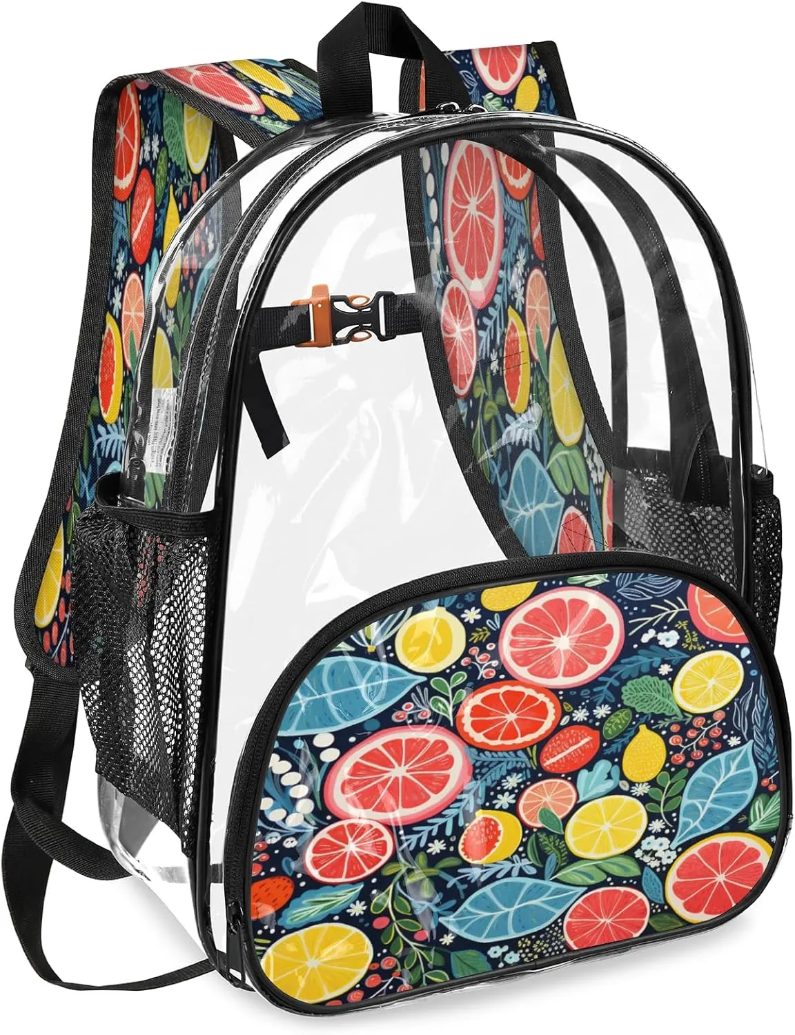 KOBLEN Citrus Symphony 17.1 Inch Clear Backpack, Heavy Duty Transparent PVC Daypack with Adjustable Padded Straps, Large Capacity Clear Bag for Festival, Concerts, Travel