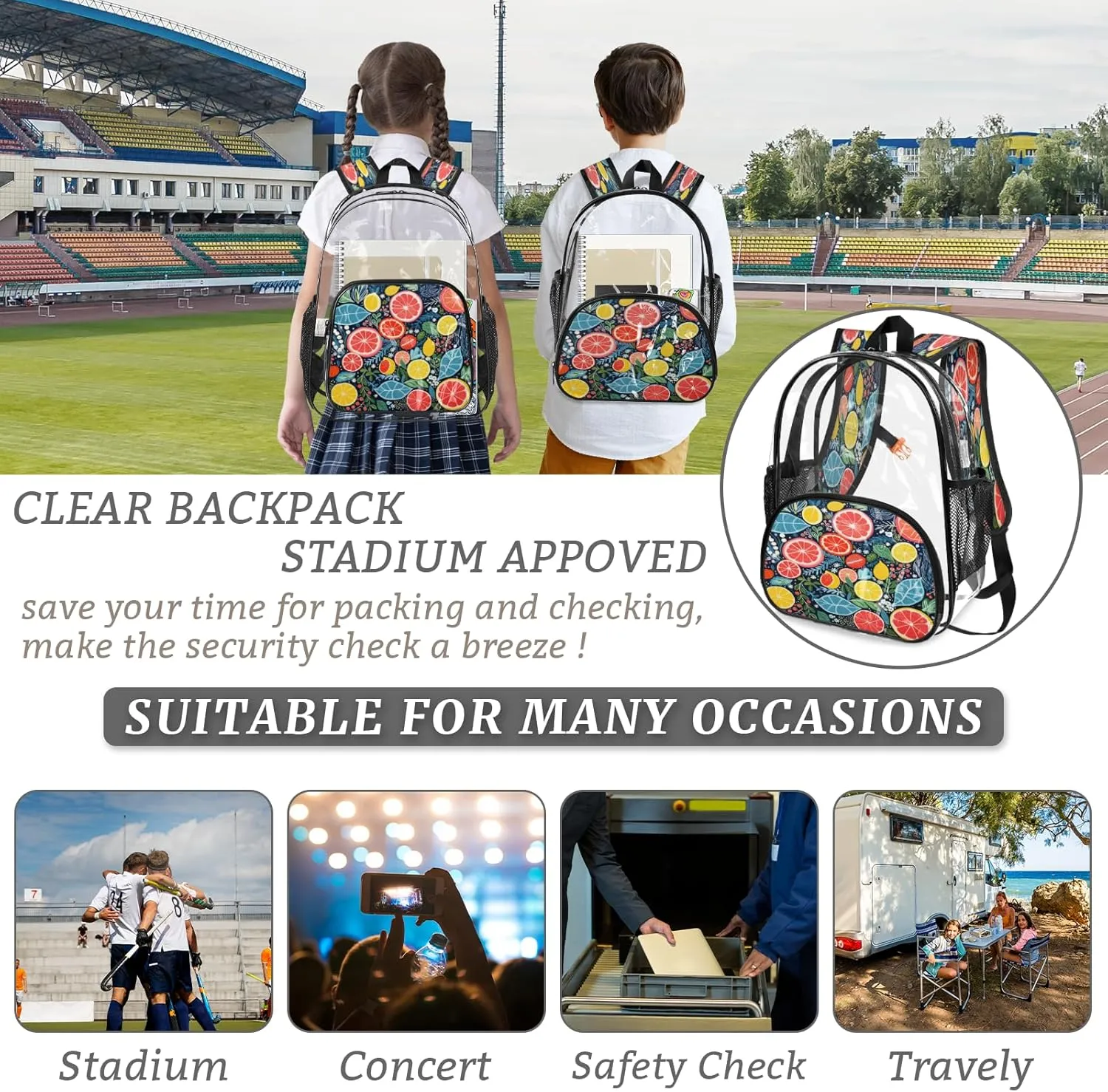 KOBLEN Citrus Symphony 17.1 Inch Clear Backpack, Heavy Duty Transparent PVC Daypack with Adjustable Padded Straps, Large Capacity Clear Bag for Festival, Concerts, Travel