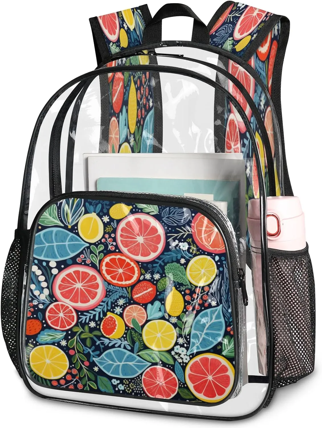 KOBLEN Citrus Symphony 17.1 Inch Clear Backpack, Heavy Duty Transparent PVC Daypack with Adjustable Padded Straps, Large Capacity Clear Bag for Festival, Concerts, Travel