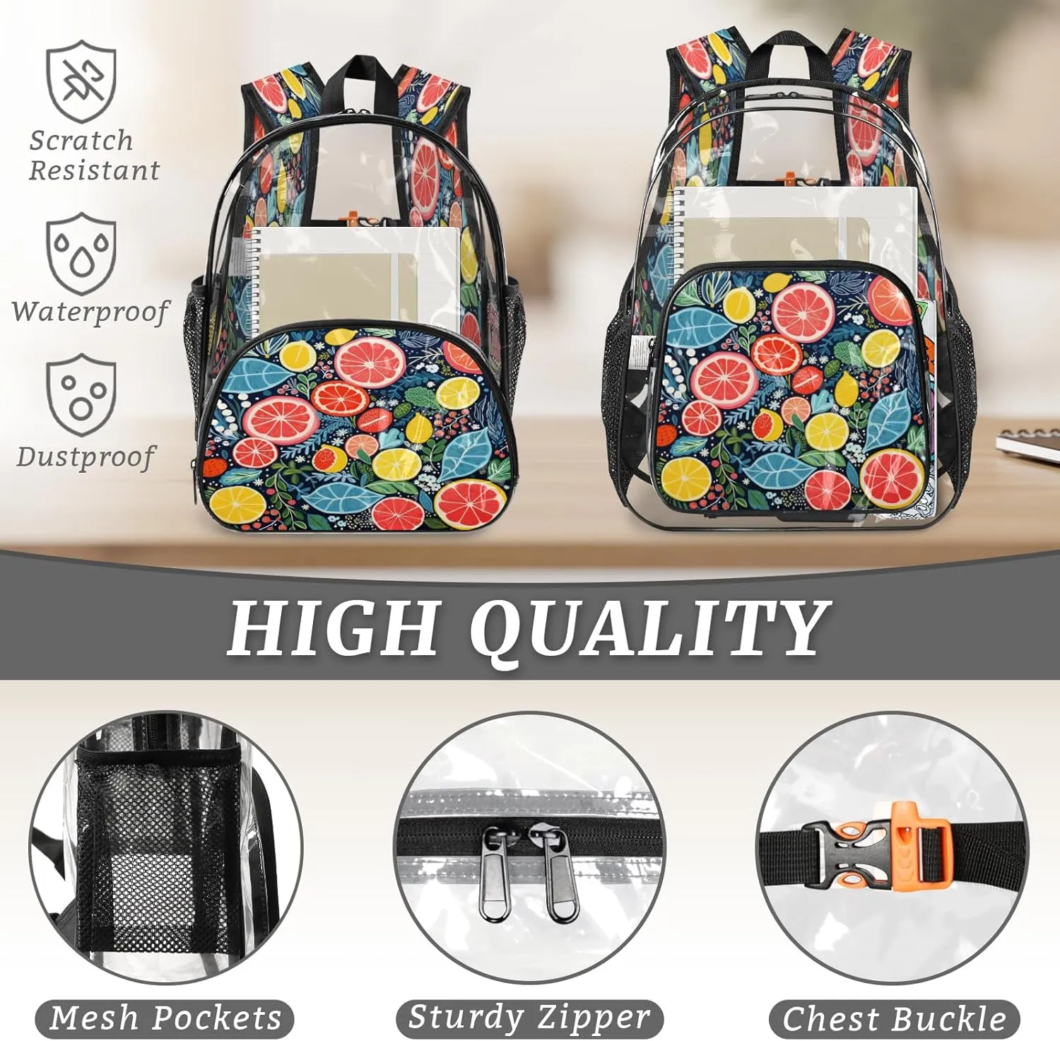 KOBLEN Citrus Symphony 17.1 Inch Clear Backpack, Heavy Duty Transparent PVC Daypack with Adjustable Padded Straps, Large Capacity Clear Bag for Festival, Concerts, Travel