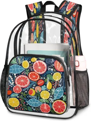 KOBLEN Citrus Symphony 17.1 Inch Clear Backpack, Heavy Duty Transparent PVC Daypack with Adjustable Padded Straps, Large Capacity Clear Bag for Festival, Concerts, Travel
