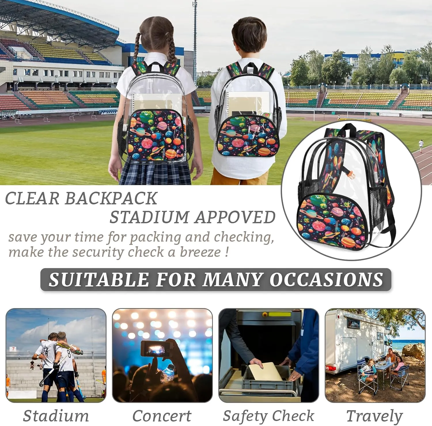 KOBLEN Cosmic Planets 17.1 Inch Clear Backpack, Heavy Duty Transparent PVC Daypack with Adjustable Padded Straps, Large Capacity Clear Bag for Festival, Concerts, Travel