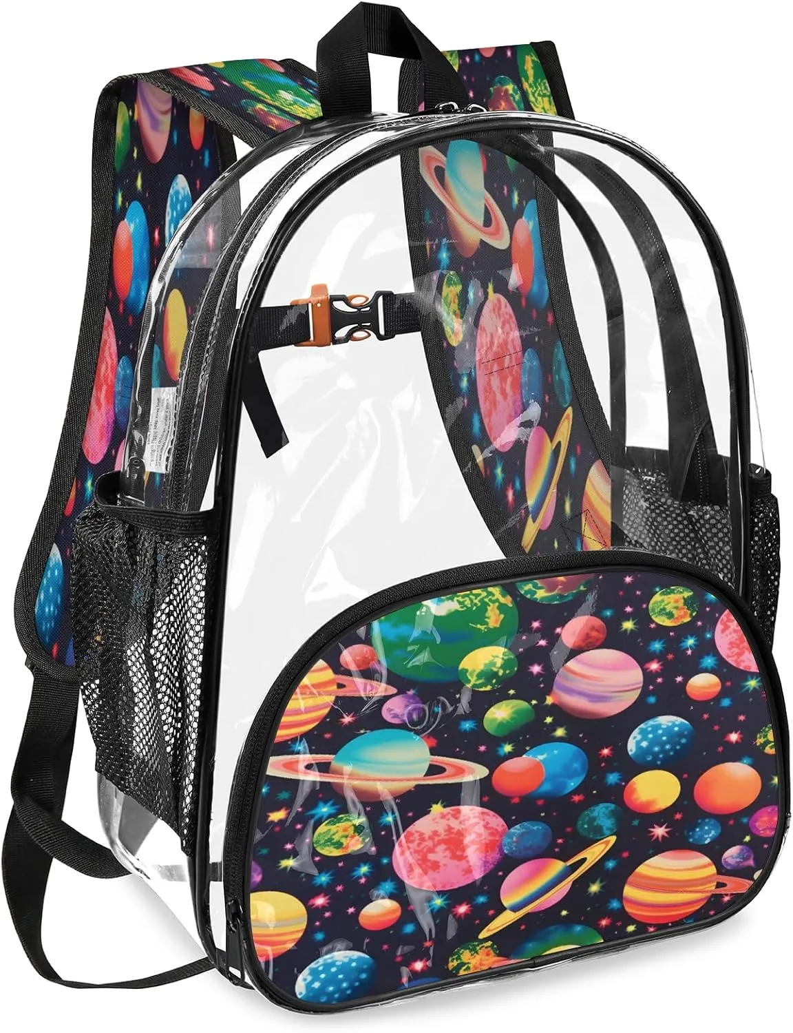 KOBLEN Cosmic Planets 17.1 Inch Clear Backpack, Heavy Duty Transparent PVC Daypack with Adjustable Padded Straps, Large Capacity Clear Bag for Festival, Concerts, Travel