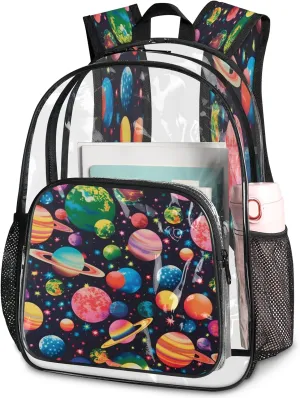 KOBLEN Cosmic Planets 17.1 Inch Clear Backpack, Heavy Duty Transparent PVC Daypack with Adjustable Padded Straps, Large Capacity Clear Bag for Festival, Concerts, Travel