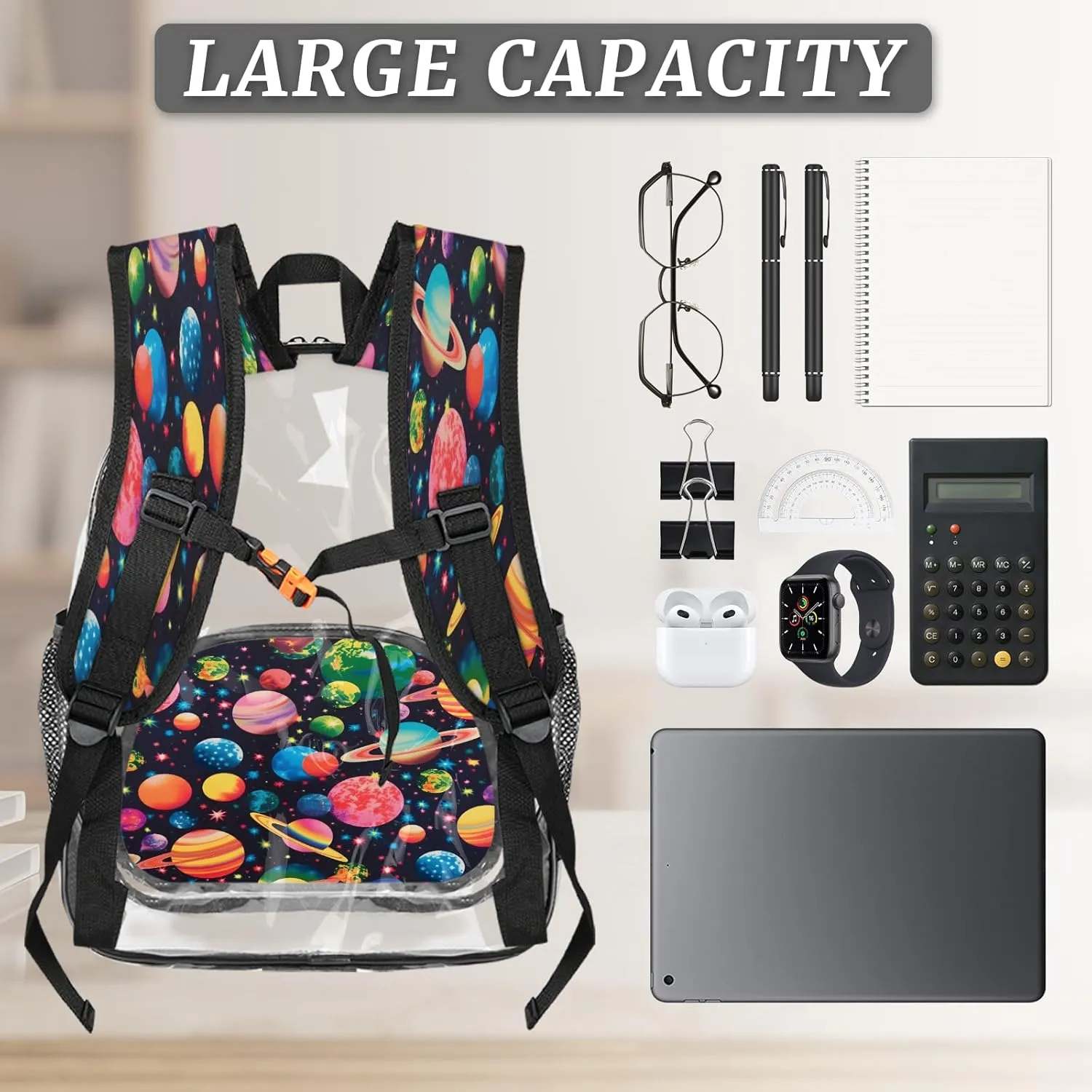 KOBLEN Cosmic Planets 17.1 Inch Clear Backpack, Heavy Duty Transparent PVC Daypack with Adjustable Padded Straps, Large Capacity Clear Bag for Festival, Concerts, Travel