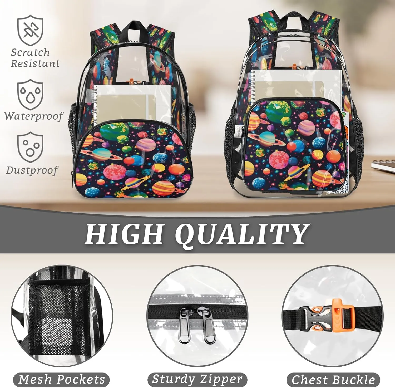 KOBLEN Cosmic Planets 17.1 Inch Clear Backpack, Heavy Duty Transparent PVC Daypack with Adjustable Padded Straps, Large Capacity Clear Bag for Festival, Concerts, Travel