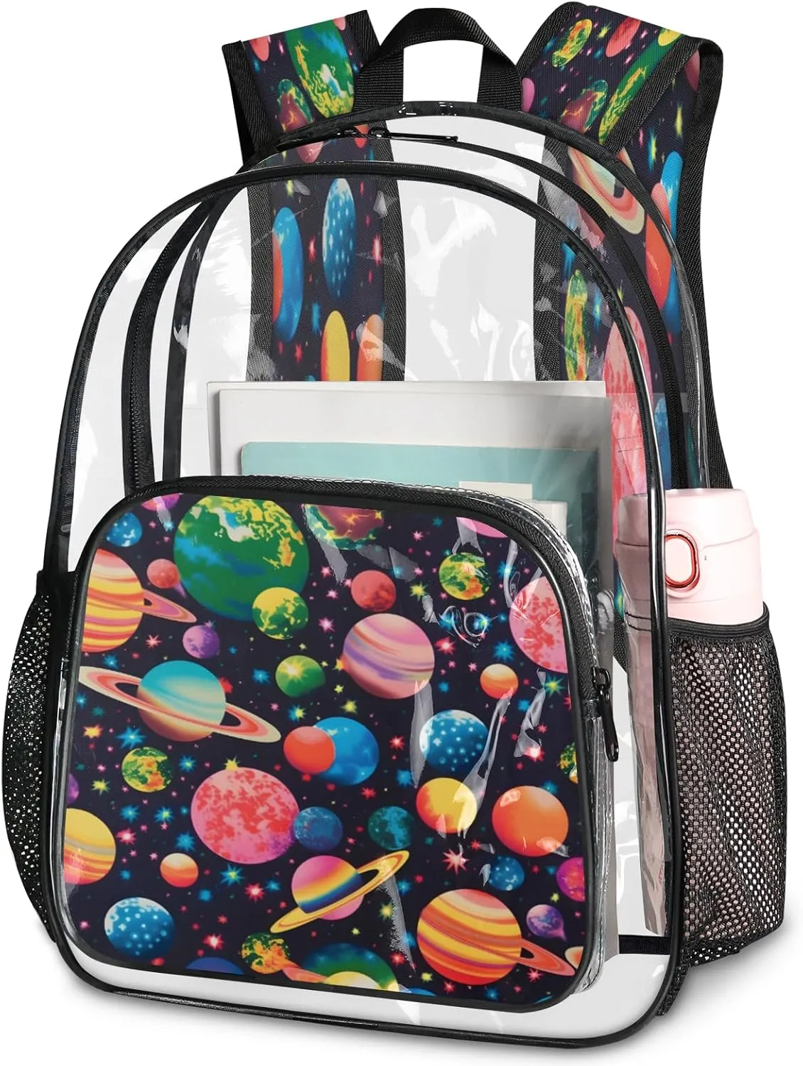 KOBLEN Cosmic Planets 17.1 Inch Clear Backpack, Heavy Duty Transparent PVC Daypack with Adjustable Padded Straps, Large Capacity Clear Bag for Festival, Concerts, Travel