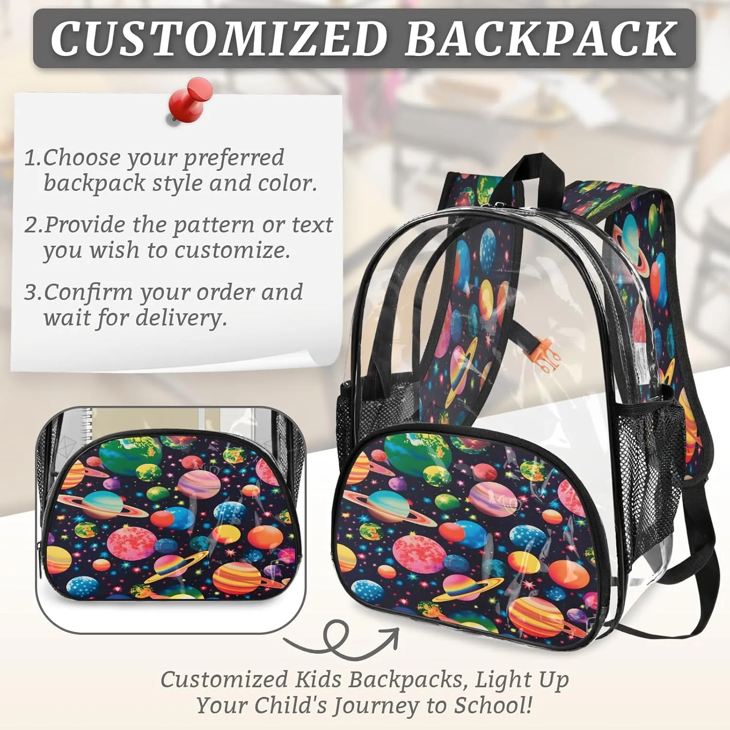 KOBLEN Cosmic Planets 17.1 Inch Clear Backpack, Heavy Duty Transparent PVC Daypack with Adjustable Padded Straps, Large Capacity Clear Bag for Festival, Concerts, Travel