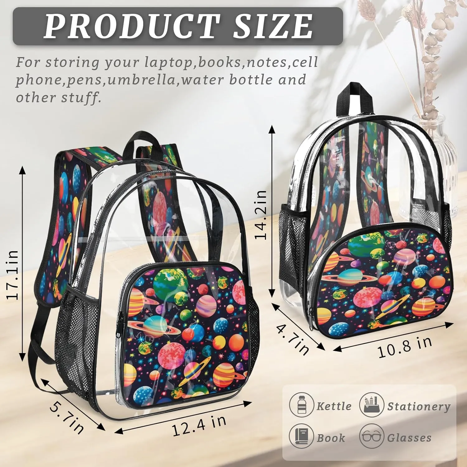 KOBLEN Cosmic Planets 17.1 Inch Clear Backpack, Heavy Duty Transparent PVC Daypack with Adjustable Padded Straps, Large Capacity Clear Bag for Festival, Concerts, Travel