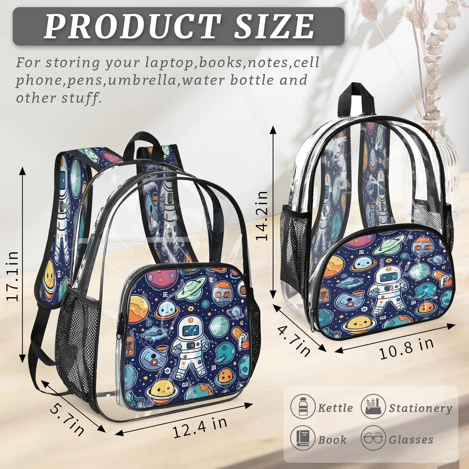KOBLEN Cosmic Space Adventure 17.1 Inch Clear Backpack, Heavy Duty Transparent PVC Daypack with Adjustable Padded Straps, Large Capacity Clear Bag for Festival, Concerts, Travel